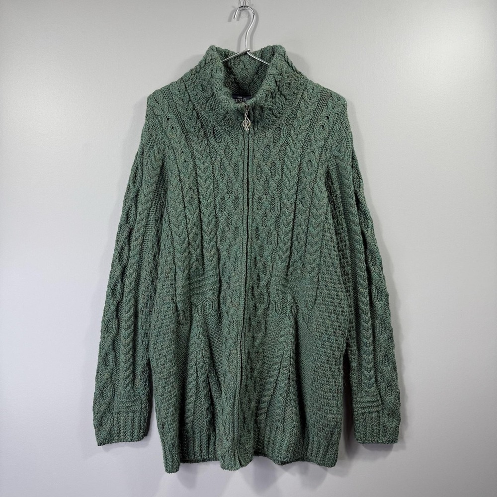 Aran Woollen Mills Sweater Womens XL Green Merino Wool Full Zip Cardigan Ireland